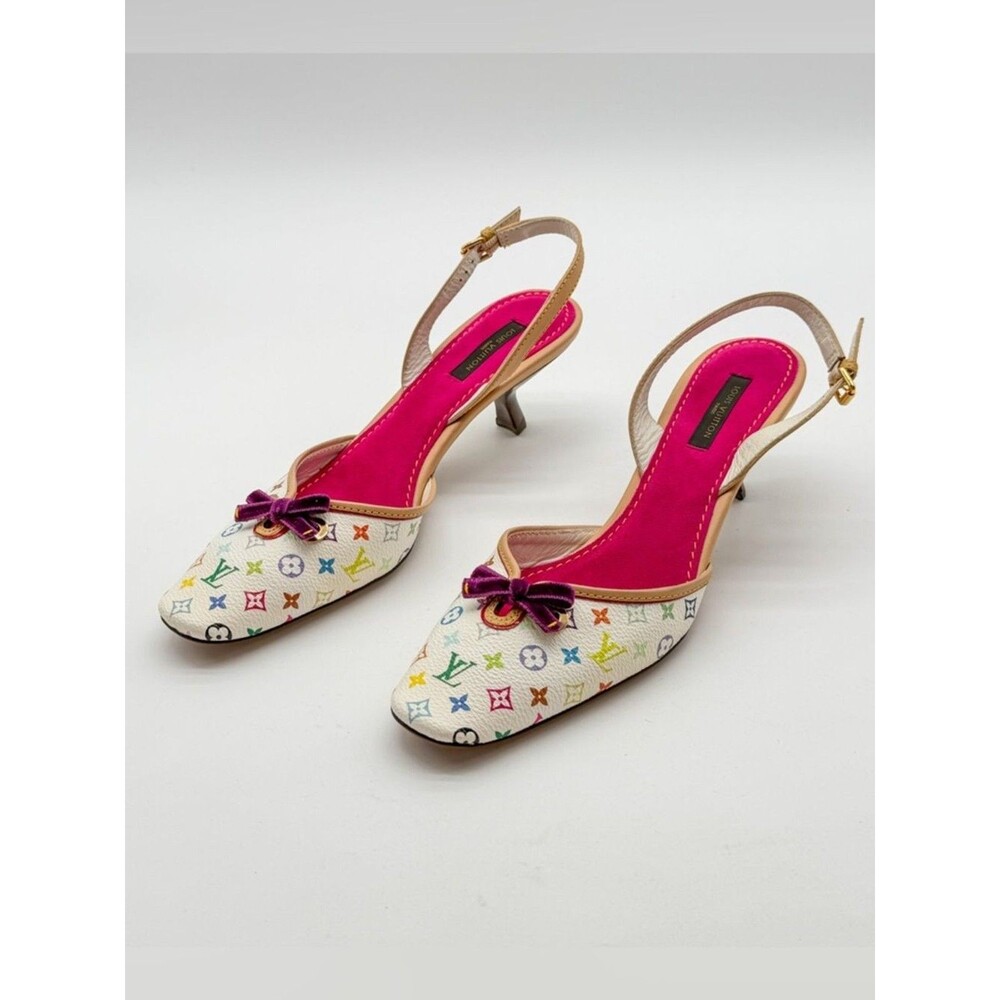 Louis Vuitton Takashi Murakami Vintage White Monogram Slingback Heels EU 38 US 8 - Picture 4 of 14